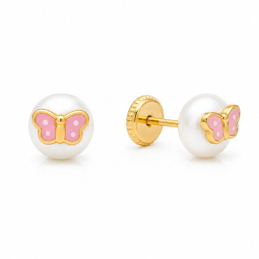 Aretes de Oro con Perla y Mariposa de Enamel Rosado