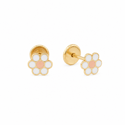Aretes de Oro con Flor de Enamel Blanco y Rosado