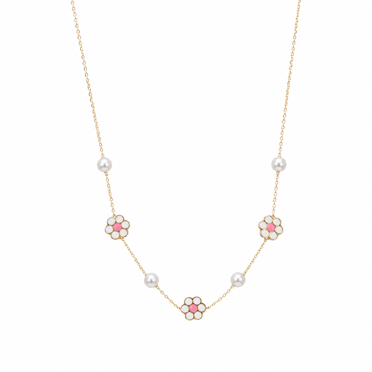 Collar de Oro con Perlas y Flor de Enamel Blanco y Rosado
