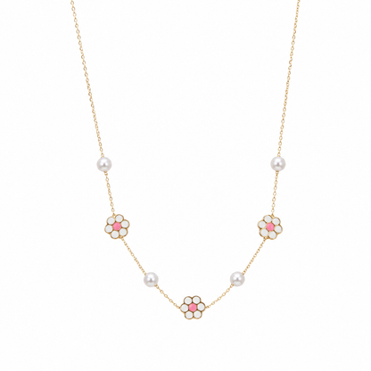 Collar de Oro con Perlas y Flor de Enamel Blanco y Rosado
