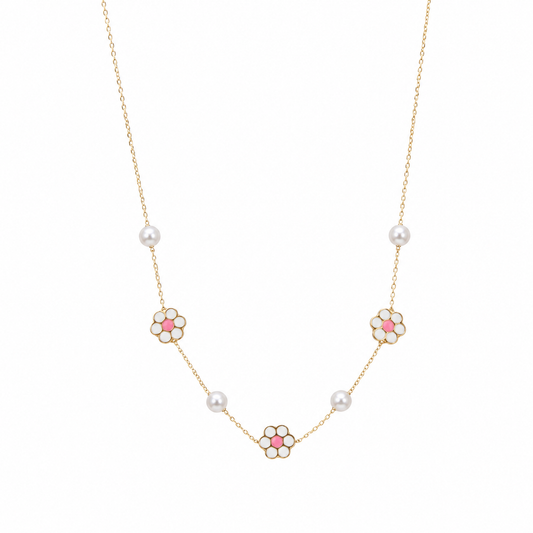 Collar de Oro con Perlas y Flor de Enamel Blanco y Rosado