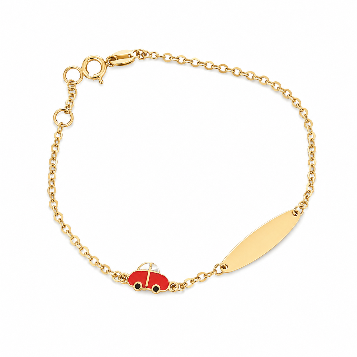 Pulsera de Oro con Placa Gravable y Carro de Enamel Rojo