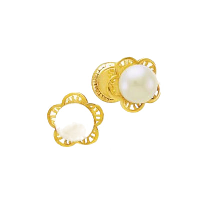 Aretes de Oro y Perla con diseño de flor