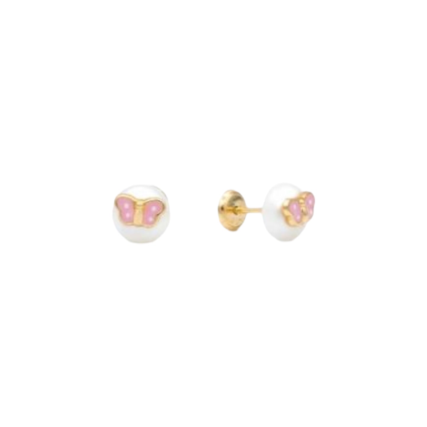 Aretes de Oro con Perla y Mariposa de Enamel Rosado