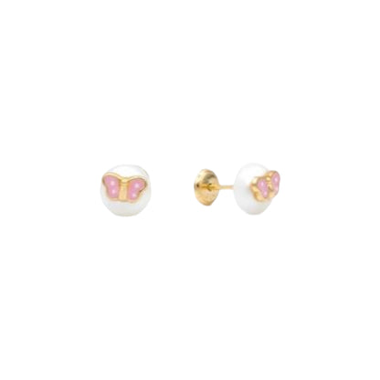 Aretes de Oro con Perla y Mariposa de Enamel Rosado