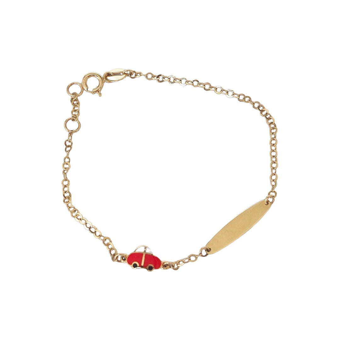 Pulsera de Oro con Placa Gravable y Carro de Enamel Rojo