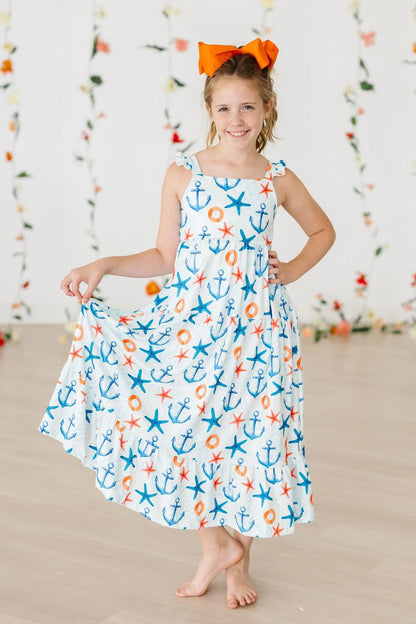 ANCHORS AWAY RUFFLE MAXI DRESS
