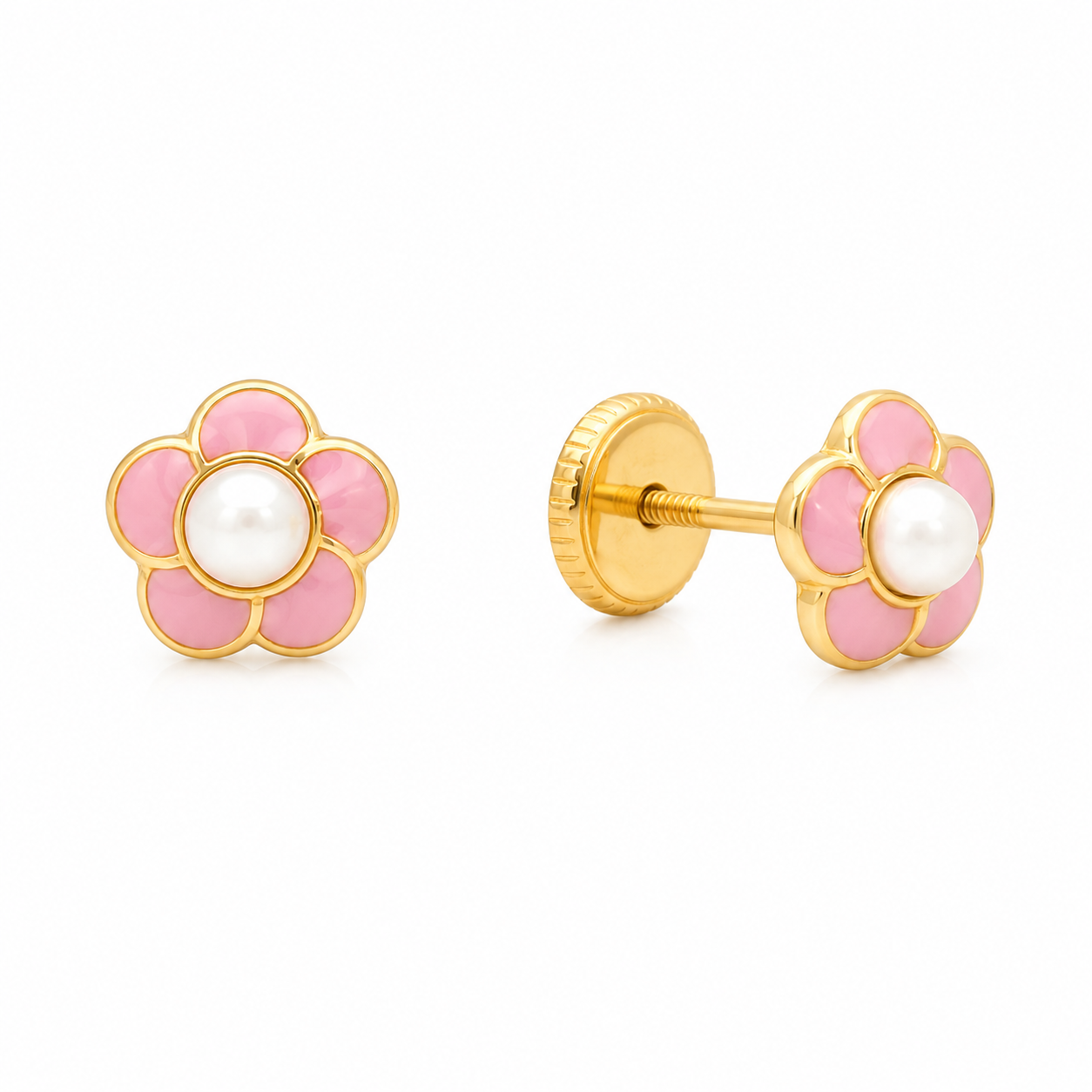 Aretes de Perla y Flor de Enamel Rosado