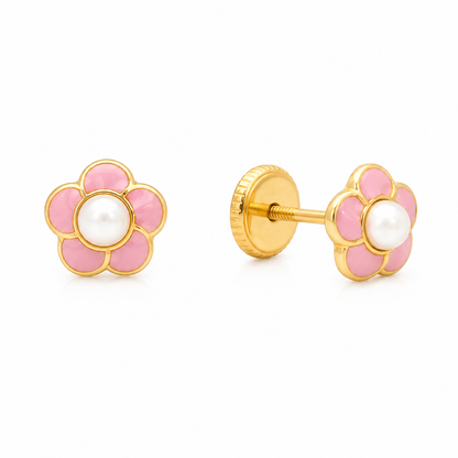 Aretes de Perla y Flor de Enamel Rosado