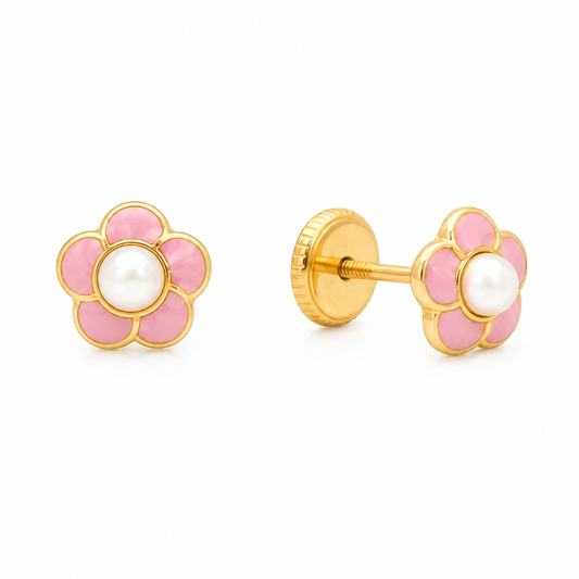Aretes de Perla y Flor de Enamel Rosado
