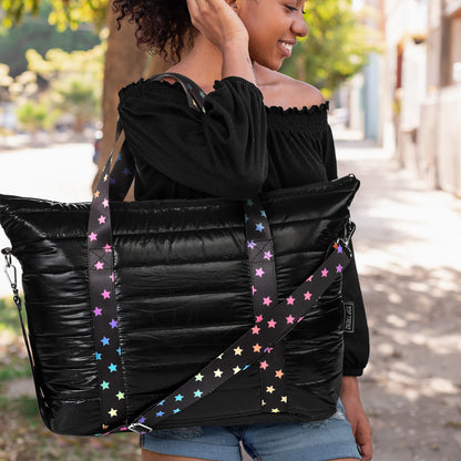 Black Puffer Tote with Scatter Star Strap