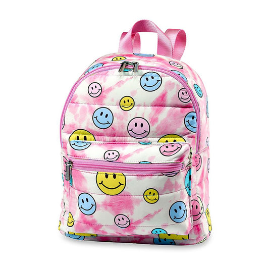 Pink Tie Dye Happy Face Puffer Backpack